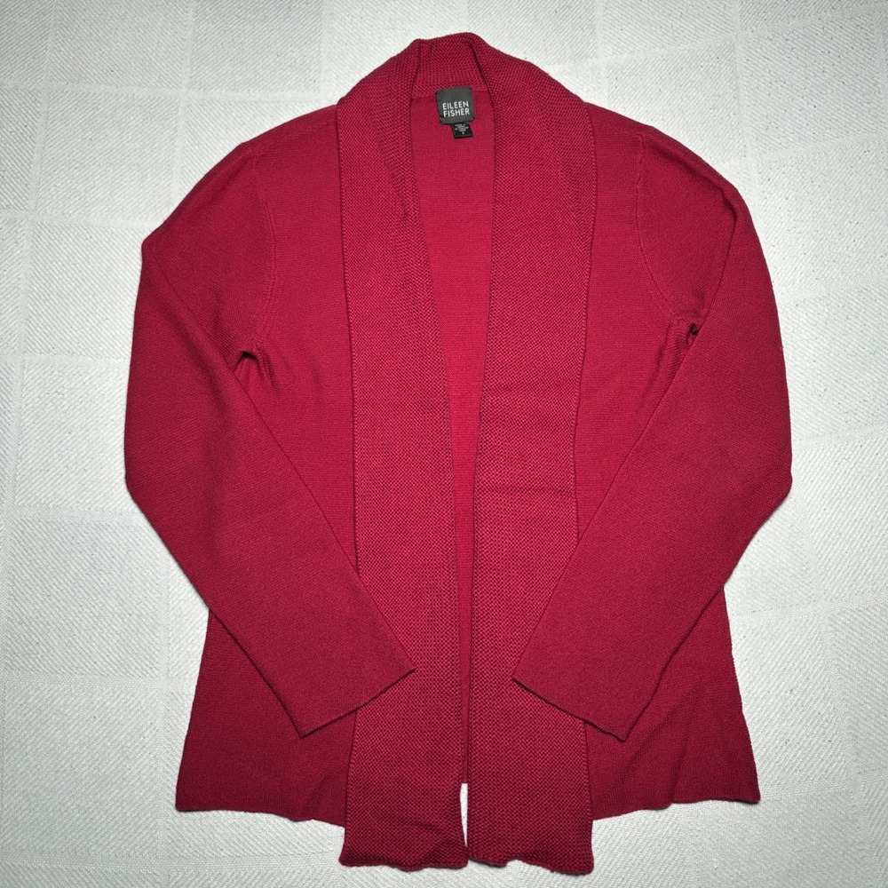 Eileen Fisher Cardigan Womens Small Merino Wool Open Front Shawl Collar Red